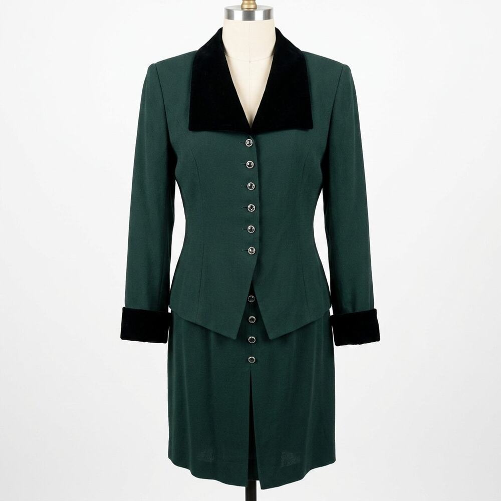 Vintage Dawn Joy 2 Piece Skirt Suit Green Black Velvet Trim Size 5/6 Stunning!